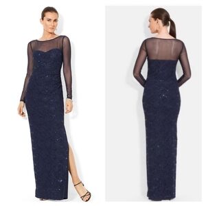 Lauren Ralph Lauren Formal Navy Sequin Lace Column Gown Size 10P
